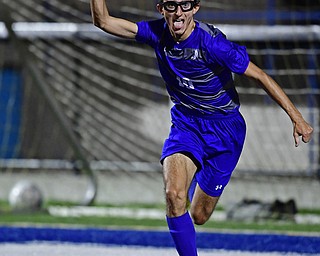 HUBBARD, OHIO - OCTOBER 9, 2018: Hubbard's AJ Trobek celebrates after scoring a goal during the first half of their game, Tuesday night at Hubbard Eagles Stadium. DAVID DERMER | THE VINDICATOR