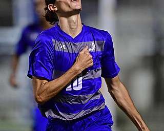 HUBBARD, OHIO - OCTOBER 9, 2018: Hubbard's AJ Trobek celebrates after scoring a goal during the first half of their game, Tuesday night at Hubbard Eagles Stadium. DAVID DERMER | THE VINDICATOR