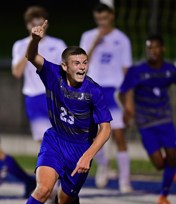 HUBBARD, OHIO - OCTOBER 9, 2018: Hubbard's Anthony Gagliardi celebrates after scoring a goal during the first half of their game, Tuesday night at Hubbard Eagles Stadium. DAVID DERMER | THE VINDICATOR