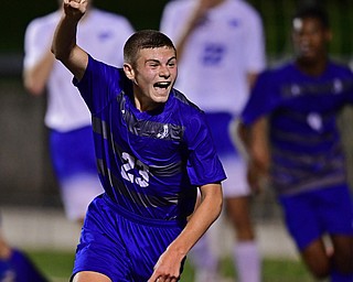 HUBBARD, OHIO - OCTOBER 9, 2018: Hubbard's Anthony Gagliardi celebrates after scoring a goal during the first half of their game, Tuesday night at Hubbard Eagles Stadium. DAVID DERMER | THE VINDICATOR