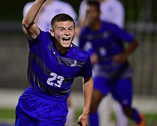 HUBBARD, OHIO - OCTOBER 9, 2018: Hubbard's Anthony Gagliardi celebrates after scoring a goal during the first half of their game, Tuesday night at Hubbard Eagles Stadium. DAVID DERMER | THE VINDICATOR