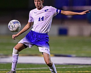 HUBBARD, OHIO - OCTOBER 9, 2018: Poland's Sam Scotford plays the ball during the second half of their game, Tuesday night at Hubbard Eagles Stadium. DAVID DERMER | THE VINDICATOR