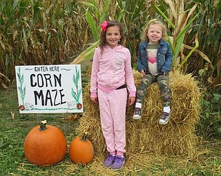 Neighbors | Jessica Harker.Rylie and Aubrie Hoover posed on hay stacks after completeing the corn maze at the Sunset at the Farm event Sept. 22.