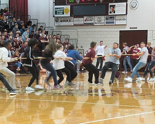 Neighbors | Jessica Harker.Groups of student from each grade level competed against each other in a tug of war competition during the annual Spirit Week pep rally held Oct. 5 at Boardman high school.