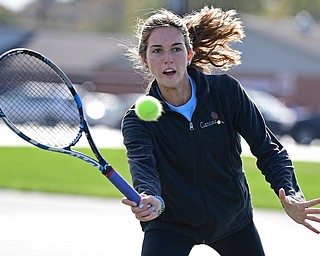 CANFIELD, OHIO - OCTOBER 16, 2018: Canfield's Sydney Cianciola practices, Tuesday afternoon on the tennis court at Canfield High School. DAVID DERMER | THE VINDICATOR