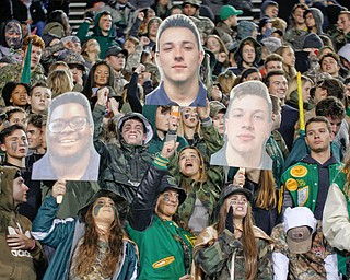 Ursuline's student section cheers during the first half of their game against Cardinal Mooney at Stambaugh Studium on Friday. EMILY MATTHEWS | THE VINDICATOR