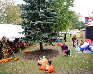 People carve pumpkins, play games, and bounce in a bounce house at the Canfield Police Department's Fall Festival on Saturday. EMILY MATTHEWS | THE VINDICATOR