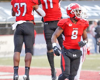 YSU's Tevin McCaster (37), Jermiah Braswell (11), and Samuel St. Surin (8) react after McCaster scores a touchdown during the first half of their game against South Dakota at Stambaugh Stadium on Saturday. EMILY MATTHEWS | THE VINDICATOR
