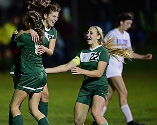 BELOIT, OHIO - OCTOBER 22, 2018: West Branch's Lexi Biery, center, is congratulated by Abie Davis, left, and Gillian Koneval after scoring a goal during the second half of their game, Monday night at West Branch High School. DAVID DERMER | THE VINDICATOR