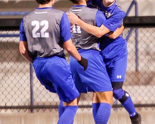 From left, Hubbard's Jacob Gulu, Michael VanSuch, and Anthony Gagliardi celebrate after Gagliardi scores a goal against Canfield during their game at Hubbard on Tuesday night. EMILY MATTHEWS | THE VINDICATOR