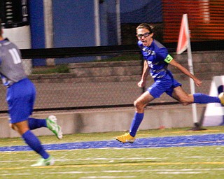 Hubbard's AJ Trobek celebrates after scoring a goal against Canfield during their game at Hubbard on Tuesday night. EMILY MATTHEWS | THE VINDICATOR