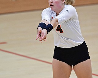 SALEM, OHIO - OCTOBER 24, 2018: Springfield's Makenzy Capouellez bumps the ball during their OHSAA Division III Tournament volleyball match, Wednesday night at Salem High School. DAVID DERMER | THE VINDICATOR