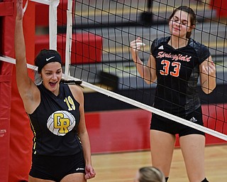 SALEM, OHIO - OCTOBER 24, 2018: Crestview's Emily Smith, left, celebrates after scoring a point while Springfield's Lyndsey Smith reacts during their OHSAA Division III Tournament volleyball match, Wednesday night at Salem High School. DAVID DERMER | THE VINDICATOR