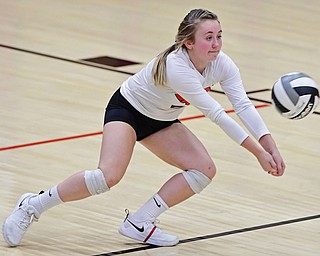 SALEM, OHIO - OCTOBER 24, 2018: Salem's Kennedy Grimes goes down for the dig during their OHSAA Division III Tournament volleyball match, Wednesday night at Salem High School. DAVID DERMER | THE VINDICATOR