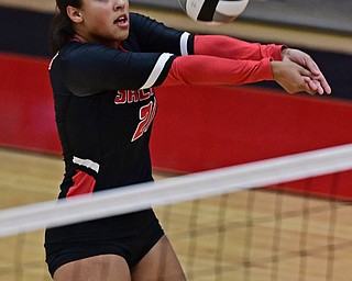 SALEM, OHIO - OCTOBER 24, 2018: Salem's Echo Mayer-Kutz bumps the ball during their OHSAA Division III Tournament volleyball match, Wednesday night at Salem High School. DAVID DERMER | THE VINDICATOR