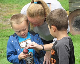 Neighbors | Jessica Harker.Evan Mihalik held a potato as Evan Porter looked on at the Potatos and Preschoolers event at the Metro Parks Farms Sept. 25.