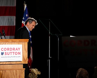 U.S Sen. Sherrod Brown exits the stage after speaking in support of Ohio gubernatorial candidate Richard Cordray Monday afternoon at Youngstown State University. EMILY MATTHEWS | THE VINDICATOR