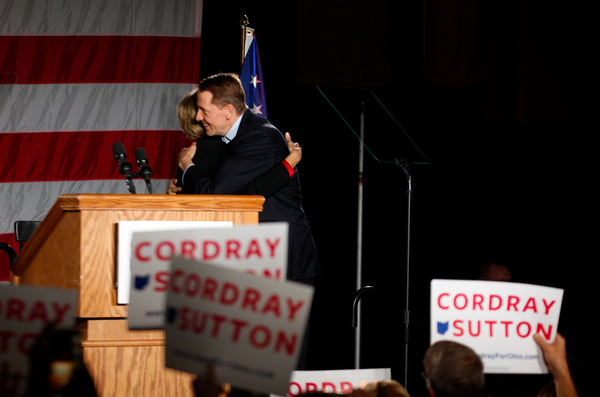 Richard Cordray hugs his running mate Betty Sutton  Monday afternoon at Youngstown State University. EMILY MATTHEWS | THE VINDICATOR
