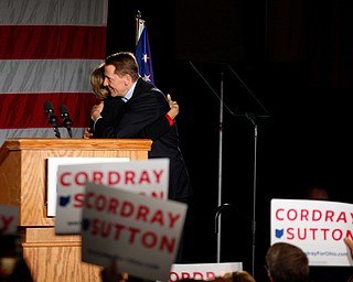 Richard Cordray hugs his running mate Betty Sutton  Monday afternoon at Youngstown State University. EMILY MATTHEWS | THE VINDICATOR