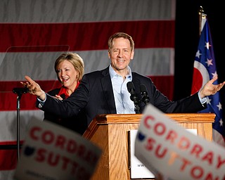 Ohio gubernatorial candidate Richard Cordray speaks while his running mate Betty Sutton stands behind him Monday afternoon at Youngstown State University. EMILY MATTHEWS | THE VINDICATOR