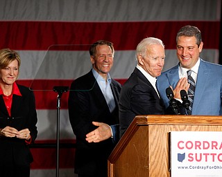 Former Vice President of the United States Joe Biden praises U.S. Rep. Tim Ryan while speaking in support of Ohio gubernatorial candidate Richard Cordray Monday afternoon at Youngstown State University. EMILY MATTHEWS | THE VINDICATOR