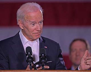 YOUNGSTOWN, OHIO - OCTOBER 29, 2018: Former Vice President of the United States Joe Biden speaks at the podium in support of Ohio gubernatorial candidate Richard Cordray, Monday afternoon at Youngstown State University. DAVID DERMER | THE VINDICATOR