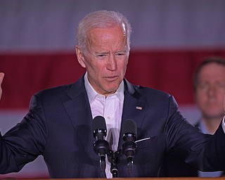 YOUNGSTOWN, OHIO - OCTOBER 29, 2018: Former Vice President of the United States Joe Biden speaks at the podium in support of Ohio gubernatorial candidate Richard Cordray, Monday afternoon at Youngstown State University. DAVID DERMER | THE VINDICATOR