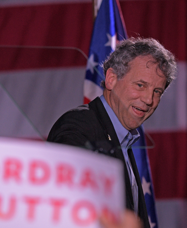 YOUNGSTOWN, OHIO - OCTOBER 29, 2018: United States Senator Sherrod Brown smiles as he walks off the stage during a rally in support of Ohio gubernatorial candidate Richard Cordray, Monday afternoon at Youngstown State University. DAVID DERMER | THE VINDICATOR