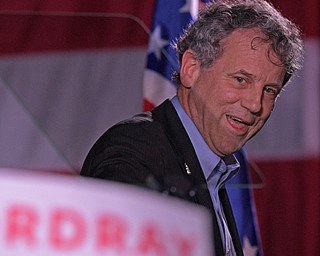 YOUNGSTOWN, OHIO - OCTOBER 29, 2018: United States Senator Sherrod Brown smiles as he walks off the stage during a rally in support of Ohio gubernatorial candidate Richard Cordray, Monday afternoon at Youngstown State University. DAVID DERMER | THE VINDICATOR