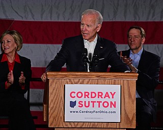 YOUNGSTOWN, OHIO - OCTOBER 29, 2018: Former Vice President of the United States Joe Biden speaks at the podium in support of Ohio gubernatorial candidate Richard Cordray, Monday afternoon at Youngstown State University. DAVID DERMER | THE VINDICATOR