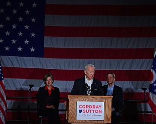 YOUNGSTOWN, OHIO - OCTOBER 29, 2018: Former Vice President of the United States Joe Biden speaks at the podium in support of Ohio gubernatorial candidate Richard Cordray, Monday afternoon at Youngstown State University. DAVID DERMER | THE VINDICATOR