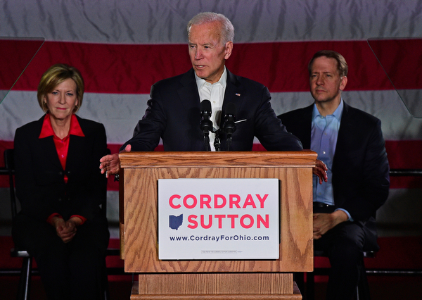 YOUNGSTOWN, OHIO - OCTOBER 29, 2018: Former Vice President of the United States Joe Biden speaks at the podium in support of Ohio gubernatorial candidate Richard Cordray, Monday afternoon at Youngstown State University. DAVID DERMER | THE VINDICATOR