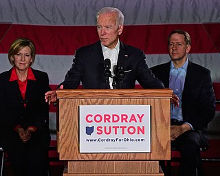 YOUNGSTOWN, OHIO - OCTOBER 29, 2018: Former Vice President of the United States Joe Biden speaks at the podium in support of Ohio gubernatorial candidate Richard Cordray, Monday afternoon at Youngstown State University. DAVID DERMER | THE VINDICATOR