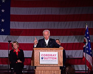 YOUNGSTOWN, OHIO - OCTOBER 29, 2018: Former Vice President of the United States Joe Biden speaks at the podium in support of Ohio gubernatorial candidate Richard Cordray, Monday afternoon at Youngstown State University. DAVID DERMER | THE VINDICATOR