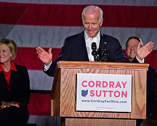 YOUNGSTOWN, OHIO - OCTOBER 29, 2018: Former Vice President of the United States Joe Biden speaks at the podium in support of Ohio gubernatorial candidate Richard Cordray, Monday afternoon at Youngstown State University. DAVID DERMER | THE VINDICATOR