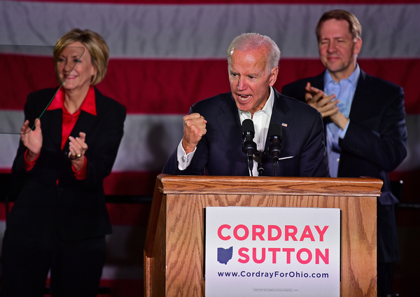 YOUNGSTOWN, OHIO - OCTOBER 29, 2018: Former Vice President of the United States Joe Biden speaks at the podium in support of Ohio gubernatorial candidate Richard Cordray, Monday afternoon at Youngstown State University. DAVID DERMER | THE VINDICATOR