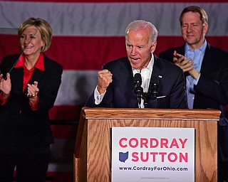 YOUNGSTOWN, OHIO - OCTOBER 29, 2018: Former Vice President of the United States Joe Biden speaks at the podium in support of Ohio gubernatorial candidate Richard Cordray, Monday afternoon at Youngstown State University. DAVID DERMER | THE VINDICATOR