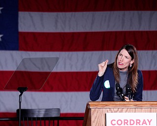 Ohio Secretary of State candidate Kathleen Clyde speaks in support of Ohio gubernatorial candidate Richard Cordray Monday afternoon at Youngstown State University. EMILY MATTHEWS | THE VINDICATOR