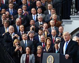 In this Dec. 20, 2017, file photo, President Donald Trump speaks during an event on the South Lawn of the White House in Washington to acknowledge the final passage of tax overhaul legislation by Congress. Perhaps nowhere is the choice facing voters more vivid than in the battle for control of the House, where Democrats are fielding more women and female minority candidates than ever while Republicans are trying to hold the majority with mostly white men. The disparity highlights a trend that has been amplified under President Donald Trump, with the two parties increasingly polarized along racial and gender lines as much as by the issues.