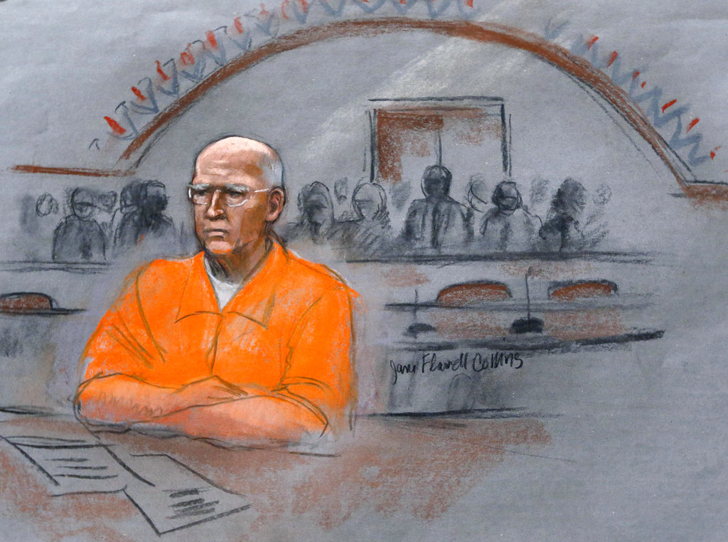 In this Nov. 13, 2013, file courtroom sketch, James "Whitey" Bulger sits at his sentencing hearing in federal court in Boston. Officials with the Federal Bureau of Prisons said Bulger died Tuesday, Oct. 30, 2018, in a West Virginia prison after being sentenced in 2013 in Boston to spend the rest of his life in prison.