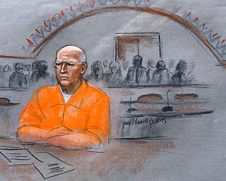 In this Nov. 13, 2013, file courtroom sketch, James "Whitey" Bulger sits at his sentencing hearing in federal court in Boston. Officials with the Federal Bureau of Prisons said Bulger died Tuesday, Oct. 30, 2018, in a West Virginia prison after being sentenced in 2013 in Boston to spend the rest of his life in prison.