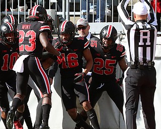 COLUMBUS, OHIO - November 3, 2018, NEBRASKA CORNHUSKERS vs OHIO STATE BUCKEYES at Ohio Stadium- 1st qtr, Ohio State Buckeyes' Keandre Jones (16) celebrates with his teammates as he blocks a punt for a safety.. MICHAEL G. TAYLOR | THE YOUNGSTOWN VINDICATOR