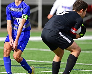 NILES, OHIO - NOVEMBER 3, 2018: Hubbard's A.J. Trobek, left, reacts after Revere's Sam York made a save during the first half of the OHSAA Division 2 Regional Finals, Saturday afternoon at Niles High School. Hubbard's Michael VanSuch pictured. DAVID DERMER | THE VINDICATOR