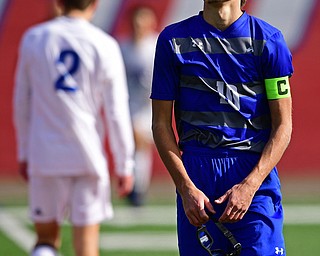 NILES, OHIO - NOVEMBER 3, 2018: Hubbard's A.J. Trobek walks off the field after Hubbard was defeated 2-1 by Revere in the OHSAA Division 2 Regional Finals, Saturday afternoon at Niles High School. Hubbard's Michael VanSuch pictured. DAVID DERMER | THE VINDICATOR