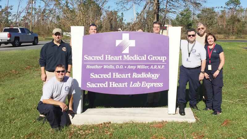 Pictured is Cortland firefighter/paramedic Todd Metzendorf’s hurricane relief task force. The full 35-person team was deployed to Florida from Erie, Pa. From left, Ken Haley, Jeff Meyers,  Metzendorf, Gary Zahn, William VanDuzer, Chuck Earle and Nancy Tabor.