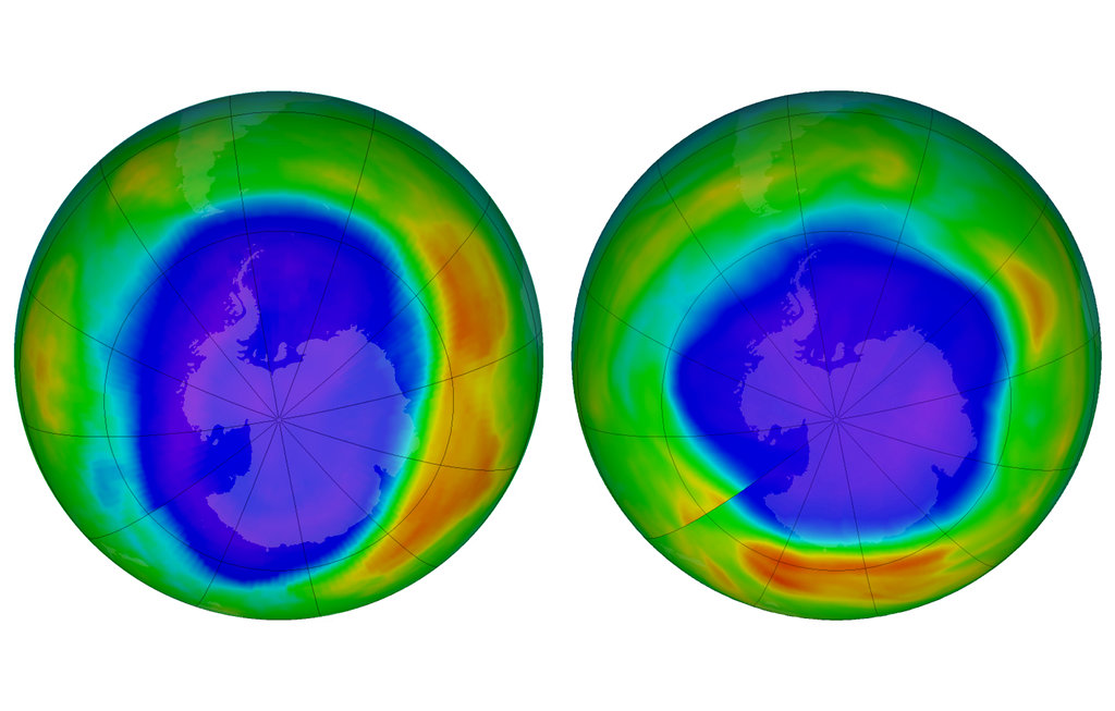 This combination of images made available by NASA shows areas of low ozone above Antarctica in September 2000, left, and September 2018. The purple and blue colors are where there is the least ozone, and the yellows and reds are where there is more ozone. A United Nations report released Monday, Nov. 5, 2018, says Earth’s protective ozone layer is finally healing after aerosol sprays and coolants ate away at it.