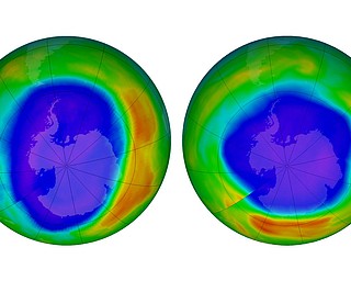 This combination of images made available by NASA shows areas of low ozone above Antarctica in September 2000, left, and September 2018. The purple and blue colors are where there is the least ozone, and the yellows and reds are where there is more ozone. A United Nations report released Monday, Nov. 5, 2018, says Earth’s protective ozone layer is finally healing after aerosol sprays and coolants ate away at it.