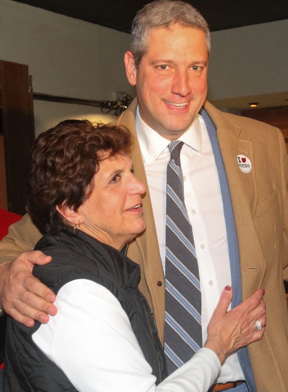 William D. Lewis The Vindicator  Tim Ryan gets a hug from Carol Rimedio Righetti during election night watch party at Avalon in Youngstown.