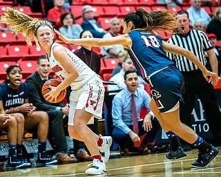 DIANNA OATRIDGE | THE VINDICATOR  Youngstown State's Melinda Trimmer (14) looks to pass to a teammate against defensive pressure from Robert Morris's Laura Carrasco (10) during their game at Beeghly Center in Youngstown on Tuesday.