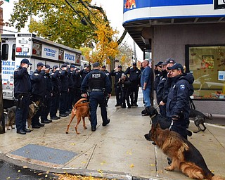 In this Nov. 5, 2018, photo, provided by the New York City Police Department an honor guard of police officers salute as Angel, a 5-year-old bloodhound, is walked by her human partner, Officer Manuel Orellana, into Staten Island's Rosebank Animal Hospital to be euthanized, in New York. An aviation flyover also honored the Emergency Services K-9 just before she died after being diagnosed with cancer in August.